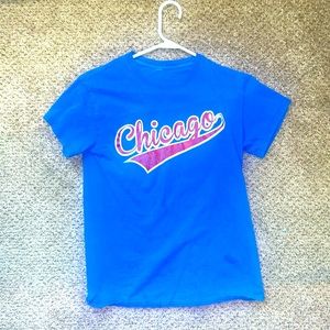 Chicago Pride: Men's Blue Short Sleeve T-shirt with Red Logo - Size M